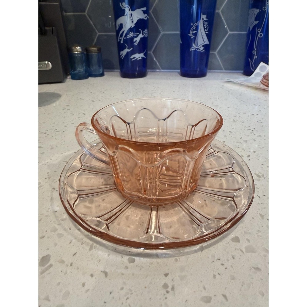 Anchor Hocking Colonial Knife and Fork Pink Cup and Saucer Depression Glass